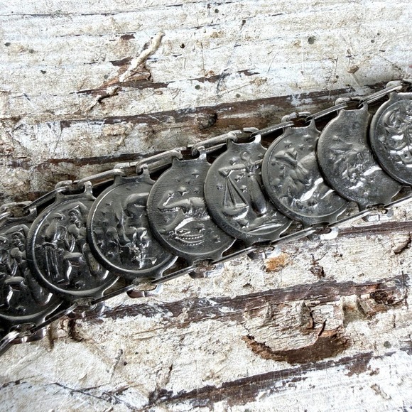 Vintage Mid Century Zodiac Astrological Coin Bracelet 1960s 1970s